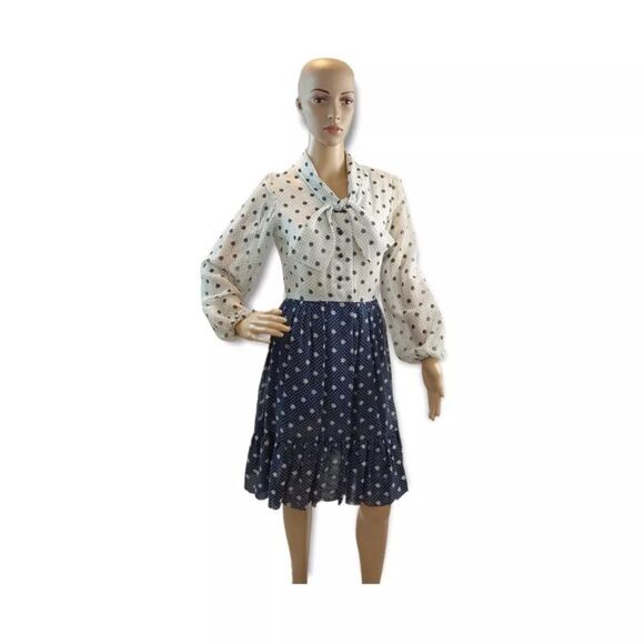 R&D ORIGINAL Women's Vintage Sheer Two Tone Polka Dot Midi Elastic Dress Size S. - Picture 1 of 8
